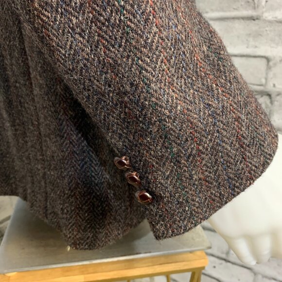 Vintage 90s Harris Tweed Blazer Brown Herringbone Wool Two Button Sport Coat - Picture 4 of 15